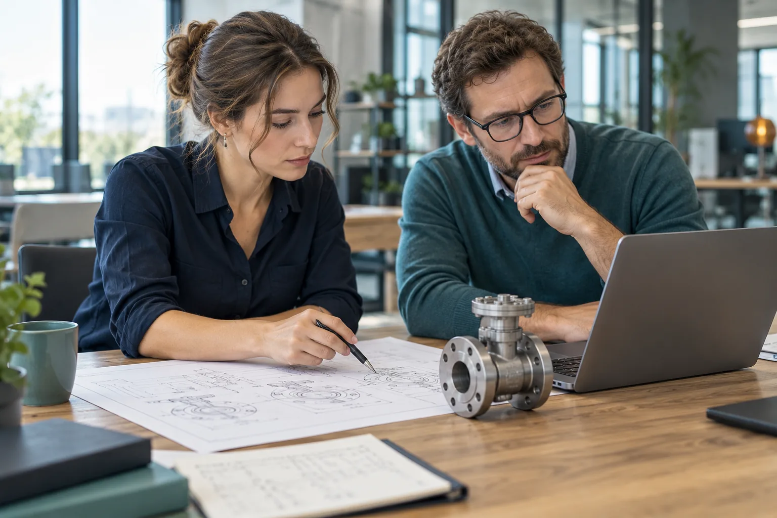 Illustrative buyer and planner reviewing a drawing and valve